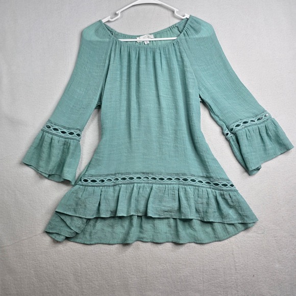 new directions Tops - NEW DIRECTIONS Teal Crinkle‎ Gauze Boho Tiered Ruffle Dress Crochet Trim Size L